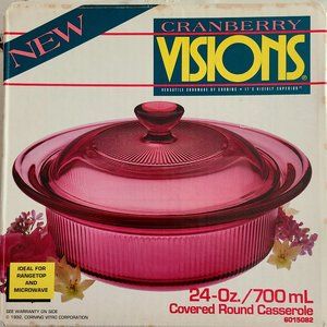 Vintage Corning Visions Cranberry Covered Round Casserole - 24 oz/700 ml